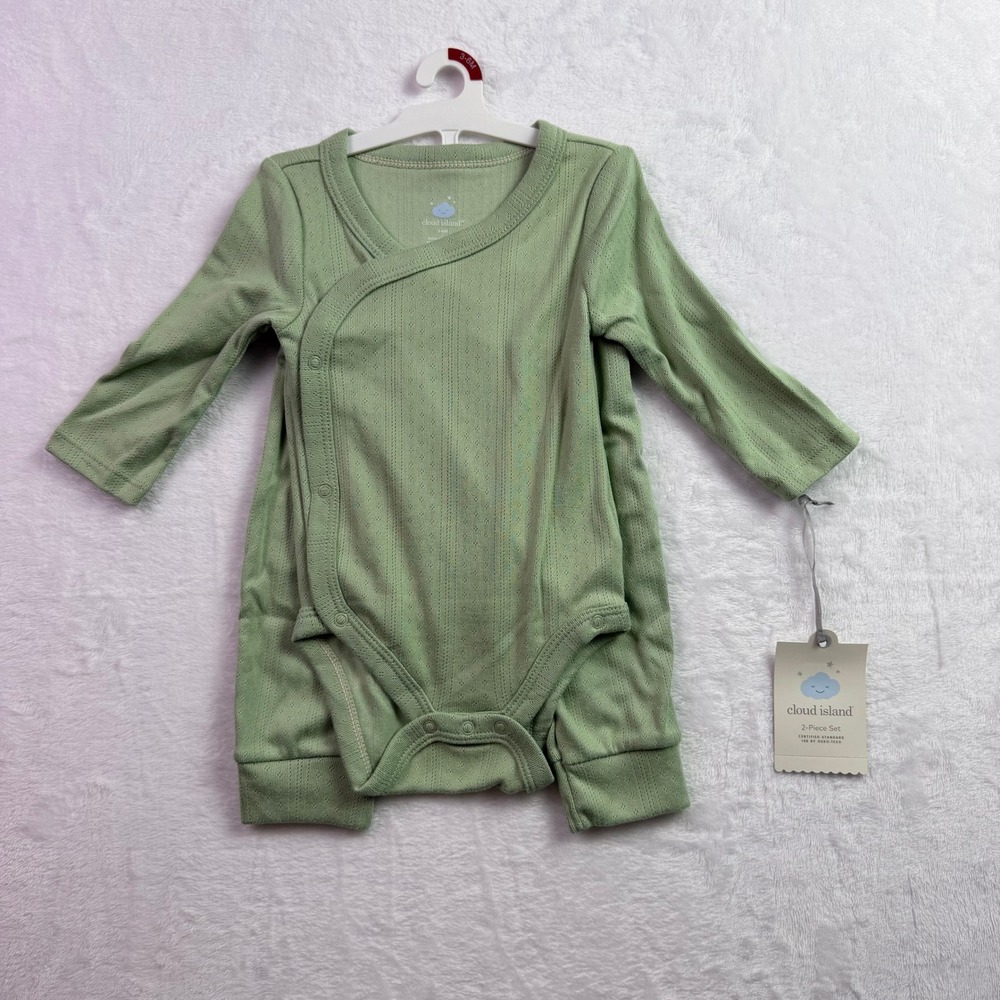 Cloud Island Sage Green Pointelle 2-Piece Kimono Bodysuit and Pants Set 3-6M NEW